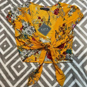 Yellow Tie Front Cropped Top